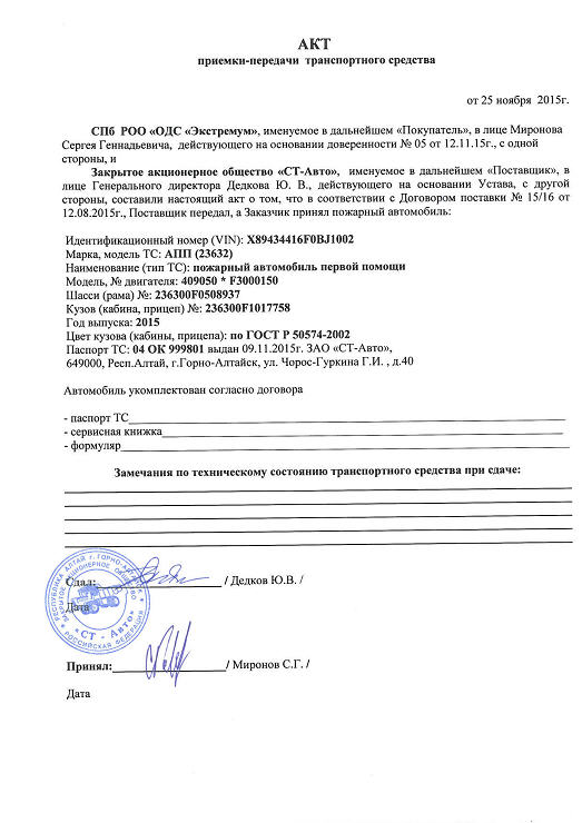 Акт о приеме передачи транспортного средства образец